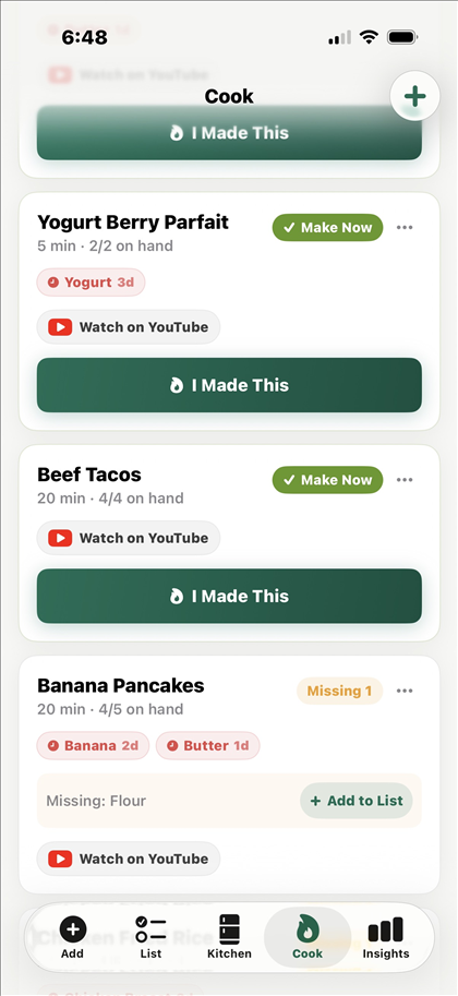 Kepta's Cook tab, with Make Now recipes ranked by what's in the kitchen