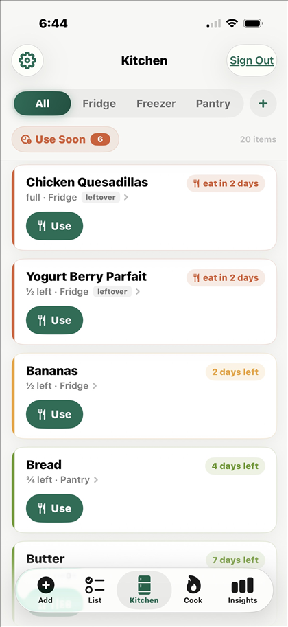 Kepta's Kitchen tab, with items colored green, amber, and red by freshness